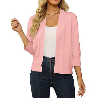 Women's 3/4 Sleeve Cropped Cardigan Sweater Open Front Short Shrugs Cardigans Lightweight Sweaters