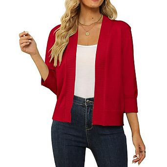 Women's 3/4 Sleeve Cropped Cardigan Sweater Open Front Short Shrugs Cardigans Lightweight Sweaters