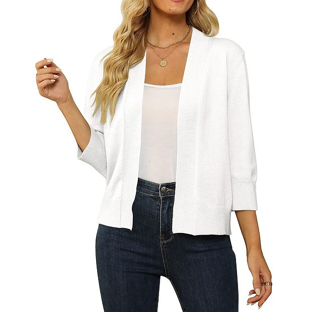 Women's 3/4 Sleeve Cropped Cardigan Sweater Open Front Short