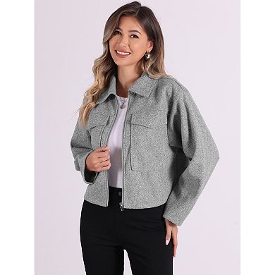 Zipper Jacket For Women's Lapel Collar Two Pockets Long Sleeve Casual Coat