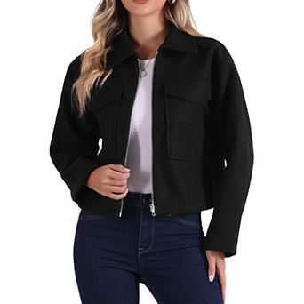 Zipper Jacket For Women's Lapel Collar Two Pockets Long Sleeve Casual Coat