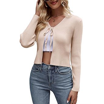 Womens Tie Front Sweater Cardigan Long Sleeve Rib Knit Shrug For Dress Sweaters Crop Tops Soft