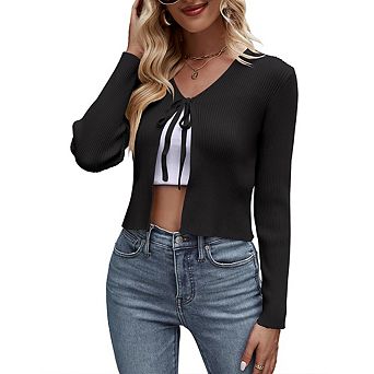 Womens Tie Front Sweater Cardigan Long Sleeve Rib Knit Shrug For Dress Sweaters Crop Tops Soft