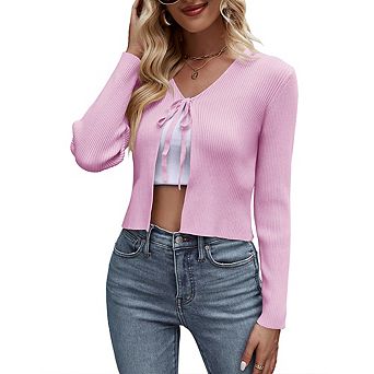 Womens Tie Front Sweater Cardigan Long Sleeve Rib Knit Shrug For Dress Sweaters Crop Tops Soft
