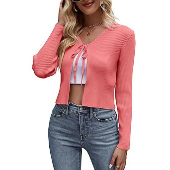 Womens Tie Front Sweater Cardigan Long Sleeve Rib Knit Shrug For Dress Sweaters Crop Tops Soft