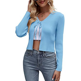 Womens Tie Front Sweater Cardigan Long Sleeve Rib Knit Shrug For Dress Sweaters Crop Tops Soft
