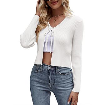 Womens Tie Front Sweater Cardigan Long Sleeve Rib Knit Shrug For Dress Sweaters Crop Tops Soft