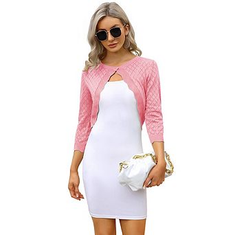 Women's 3/4 Sleeve Cropped Cardigans Elegant Crochet Open Front Bolero Knit Shrug Sweaters