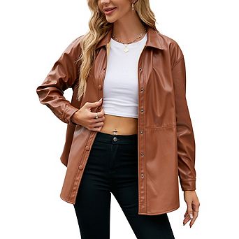 Women's Pu Leather Jacket Shacket Button Down Lapel Blazer Coat With Bust Pocket