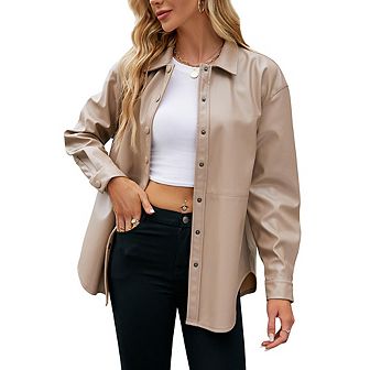Women's Pu Leather Jacket Shacket Button Down Lapel Blazer Coat With Bust Pocket