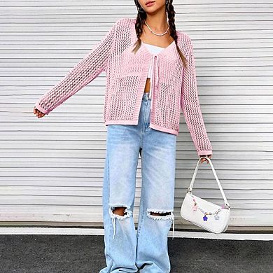 Womens Lightweight Crochet Cardigan Shrugs Knit Crop Tops Mesh Sweaters Summer Beach Cover Up