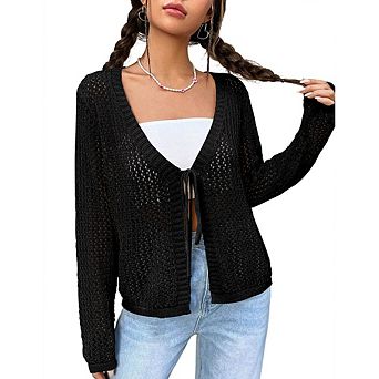 Womens Lightweight Crochet Cardigan Shrugs Knit Crop Tops Mesh Sweaters Summer Beach Cover Up