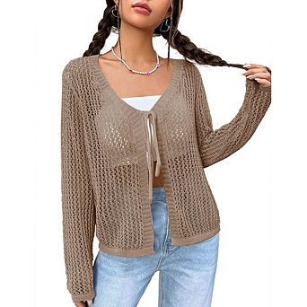 Womens Lightweight Crochet Cardigan Shrugs Knit Crop Tops Mesh Sweaters Summer Beach Cover Up