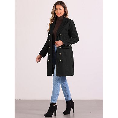 Pea Coat For Women's Notched Lapel Double Breasted Mid Long Winter Coats