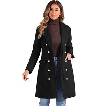 Pea Coat For Women's Notched Lapel Double Breasted Mid Long Winter Coats