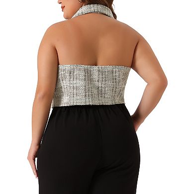Plus Size Waistcoat For Women Tweed Halter Neck Sleeveless Single Breasted Vests