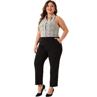 Plus Size Waistcoat For Women Tweed Halter Neck Sleeveless Single Breasted Vests