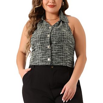Plus Size Waistcoat For Women Tweed Halter Neck Sleeveless Single Breasted Vests