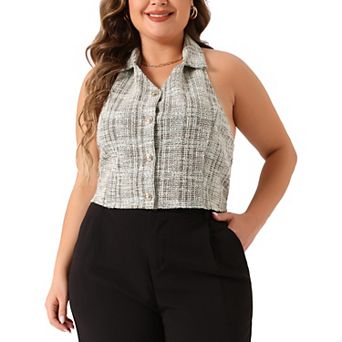 Plus Size Waistcoat For Women Tweed Halter Neck Sleeveless Single Breasted Vests