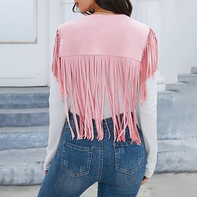 Women s Fringe Vest 70s Western Hippie Faux Suede Sleeveless Costume Fringe Waistcoat