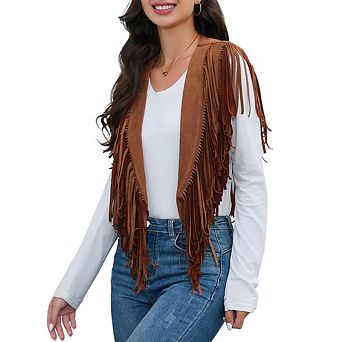 Women's Fringe Vest 70s Western Hippie Faux Suede Sleeveless Costume Fringe Waistcoat