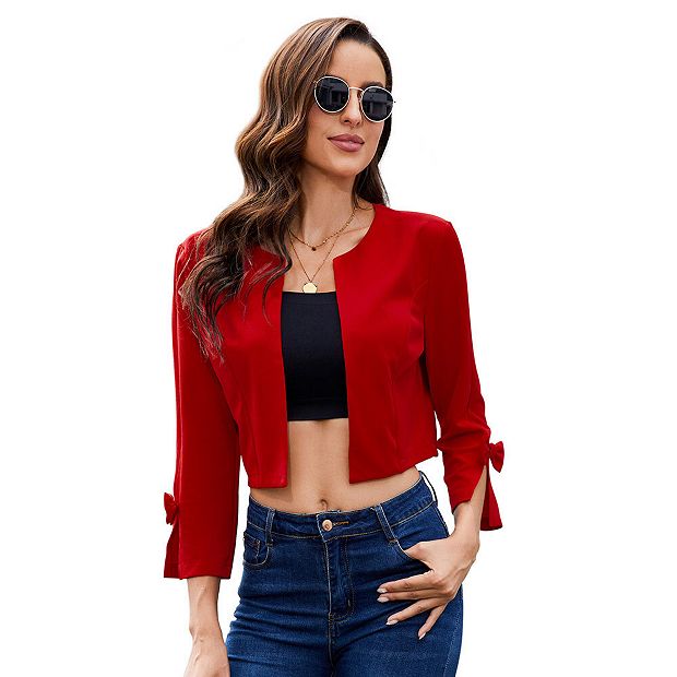 2024 St John Red Open Front Blazer Cardigan Bow Jacket