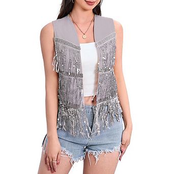 Women's Sequin Fringe Vest 70s Denim Party Prom Rave Hippie Sleeveless Loose Costume