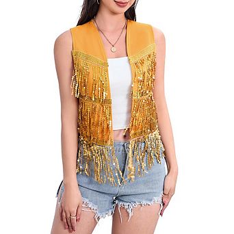 Women's Sequin Fringe Vest 70s Denim Party Prom Rave Hippie Sleeveless Loose Costume