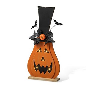 Glitzhome 29.5"h Jack-O-Lantern Porch Decor, Halloween Lighted Wooden Porch Sign