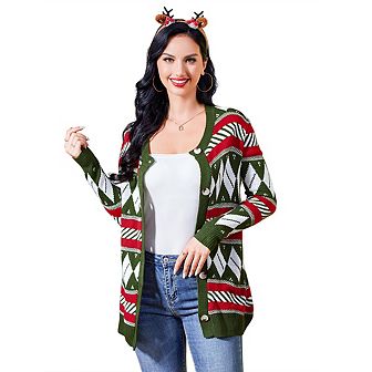 Womens Ugly Christmas Sweater Open Front Caidigans Knitted Long Sleeve Button Down Sweaters Cardigan