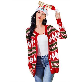Womens Ugly Christmas Sweater Open Front Caidigans Knitted Long Sleeve Button Down Sweaters Cardigan