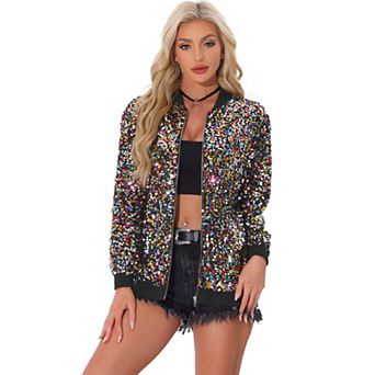 Sequined Shiny Jackets For Women's Long Sleeve Party Zipper Blazer Bomber Jacket