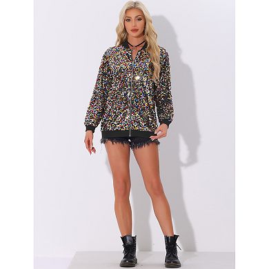 Sequined Shiny Jackets For Women's Long Sleeve Party Zipper Blazer Bomber Jacket