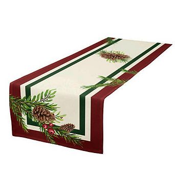 Christmas Table Runner in Classic Red & Green Pinecone Greenery Design
