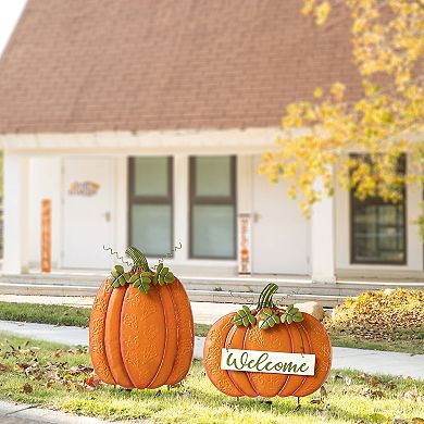 Glitzhome Set Of 2 Fall Metal Embossed Glitter Pumpkin Yard Stake Or Porch Decor 27" & 23" H