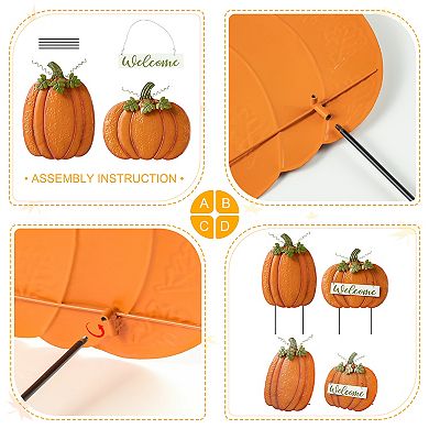 Glitzhome Set Of 2 Fall Metal Embossed Glitter Pumpkin Yard Stake Or Porch Decor 27" & 23" H