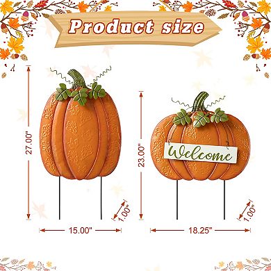 Glitzhome Set Of 2 Fall Metal Embossed Glitter Pumpkin Yard Stake Or Porch Decor 27" & 23" H