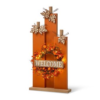 Glitzhome 30" H Wooden Pumpkin Sign with Wreath, Rustic Welcome Fall Porch Sign Standing Decor