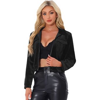 Collar Jacket For Women's Velvet Long Sleeve Zip Up Cropped Casual Jackets