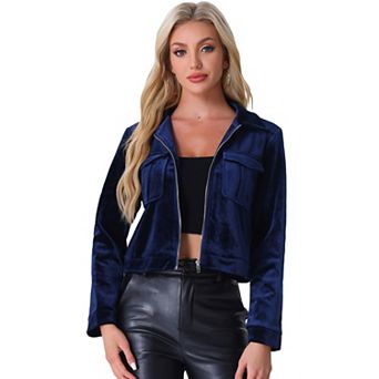 Collar Jacket For Women's Velvet Long Sleeve Zip Up Cropped Casual Jackets