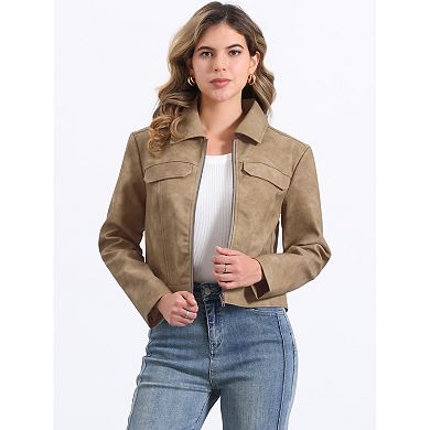 Collar Jacket for Women's Faux Leather Zip Long Sleeve Casual Jackets