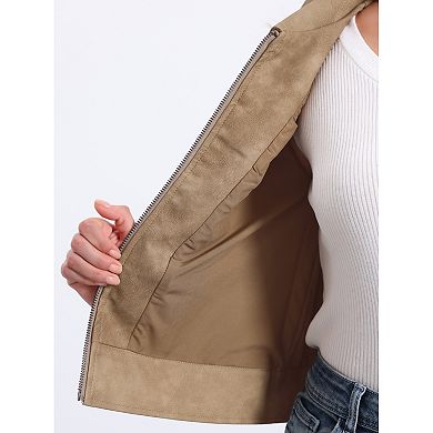 Collar Jacket for Women's Faux Leather Zip Long Sleeve Casual Jackets