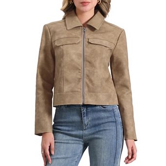 Collar Jacket for Women's Faux Leather Zip Long Sleeve Casual Jackets