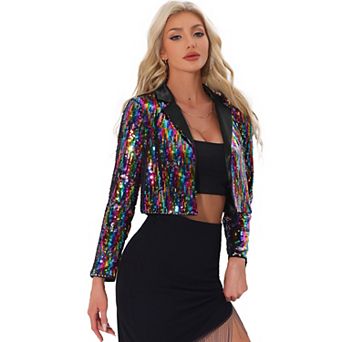 Sequin Jacket For Women's Party Lapel Collar Open Front Crop Sparkle Blazer Cardigan