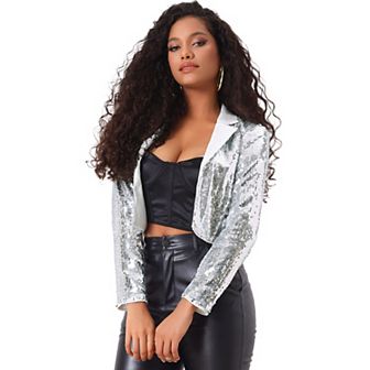 Sequin Jacket For Women's Party Lapel Collar Open Front Crop Sparkle Blazer Cardigan