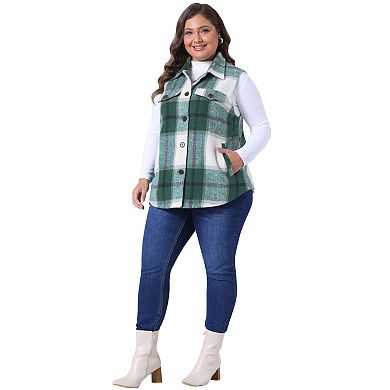 Plus Size Coat for Women Plaid Vest Coat Sleeveless Button Down Jacket Outerwear