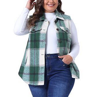 Plus Size Coat for Women Plaid Vest Coat Sleeveless Button Down Jacket Outerwear