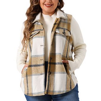 Plus Size Coat for Women Plaid Vest Coat Sleeveless Button Down Jacket Outerwear