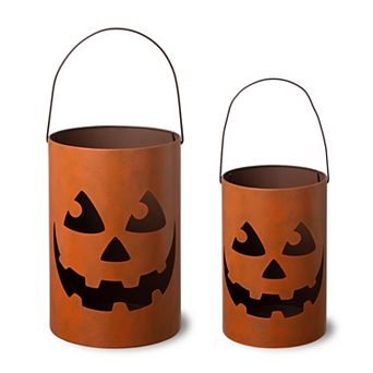 Glitzhome Set of 2 Jack O Lantern Bucket Table Decor, Halloween Tabletop Candle Holders