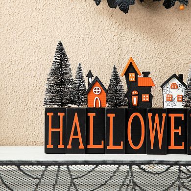 Glitzhome 14"L "HALLOWEEN" Haunted House Table Sign, Halloween Wooden Tabletop Centerpiece